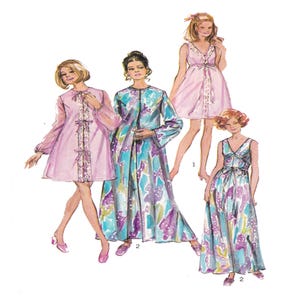 May include: Illustration of four vintage dresses in shades of pink, blue, and purple. One is a short, pink dress with lace trim. Another is a long, flowing gown with a blue and purple pattern.