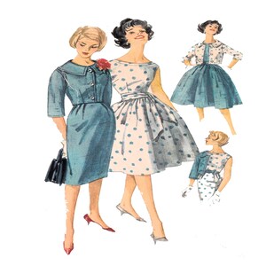 Peut inclure: Illustration de mode vintage présentant des femmes en robes. L'une porte une robe bleue avec un col et des boutons, une autre une robe à pois. D'autres figures montrent des variations, dont une veste et un style de robe différent. L'illustration est de style rétro.