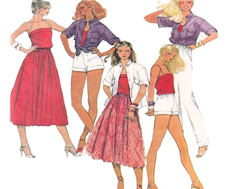 McCalls 6626, Petite Size, Strapless Top, Bandeau, Button Front Shirt, Full Skirt, Pants, Shorts, 80s Summer Resort Fashion Sewing Pattern