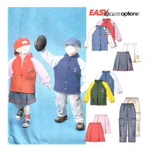 May include: A sewing pattern for children's clothing with endless options. The pattern includes a jacket, pants, and skirt. The jacket has a baseball style with a contrasting color sleeve. The pants have a cargo style with pockets. The skirt is a pleated style. The pattern is available in sizes 3 and B.