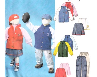McCalls 4583, Children, Baseball, Bomber, Varsity Jacket, Sport Coat, Pull On Pant, Pleated Skirt, School Clothing, Child Size 6-7-8, UNCUT