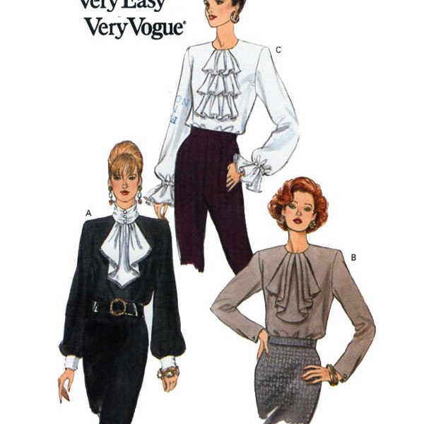 VOGUE 8882, Poets Blouse, Jabot,  Pull Over Blouse, Ruffled Sleeve, Button Cuff, Size 12-14-16, UNCUT,  Women Vogue Blouse Sewing Pattern
