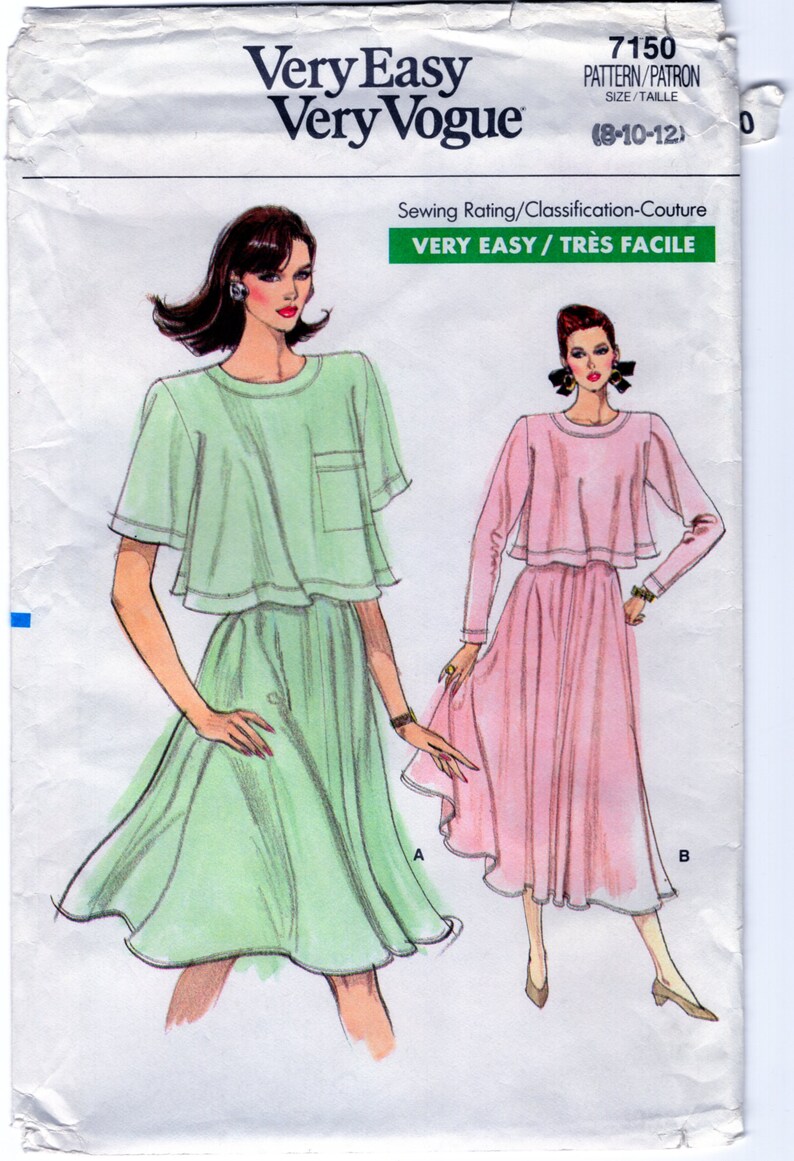 Vogue 7150 Women Two Piece Dress Sewing Pattern, Fit Flare, Pullover Top / Tunic, Aline Skirt, Flare Hemline, Long Short Sleeve Size 8-10-12 image 3