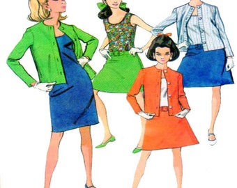 Women, Suit, Sewing Pattern, 1960s Style, McCalls 8638, Drop Waist Skirt, Tunic, Shift Dress, Button Cardigan Jacket, Sleeveless Top Size 12