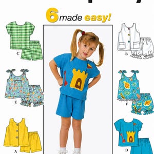 May include: Simplicity sewing pattern 8674 for children's clothing, sizes 2-3-4. The image shows various outfit options, including tops and shorts, with a child modeling a blue outfit with a castle design. The text "6 made easy!" is also visible.