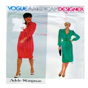 Vogue 2437, ADELE SIMPSON, Damdesignerklänning, Skjortklänningsmönster, Knappar framtill, Långärmad, Spetsig krage, Damstorlekar 10 Oklippta