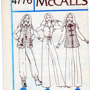 May include: A vintage sewing pattern for a women's pantsuit. The pattern is from McCall's and is number 4776. The pattern shows three different views of the pantsuit, with a vest, a long-sleeved shirt, and wide-legged pants.