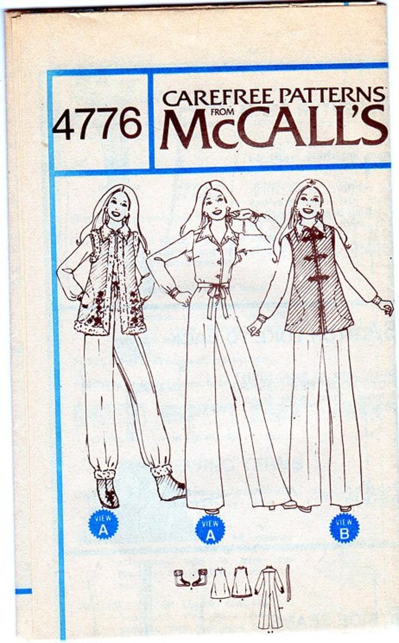 May include: A vintage sewing pattern for a women's pantsuit. The pattern is from McCall's and is number 4776. The pattern shows three different views of the pantsuit, with a vest, a long-sleeved shirt, and wide-legged pants.
