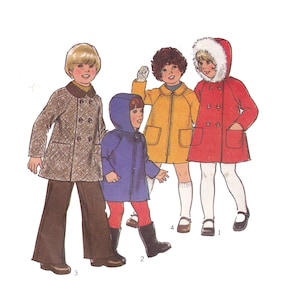 May include: Four children wearing different winter coats. The child on the left is wearing a brown tweed coat with a double breasted closure. The child in the centre is wearing a blue hooded coat. The child on the right is wearing a red coat with a white fur trim around the hood. The child at the back is wearing a yellow coat with a zipper closure.