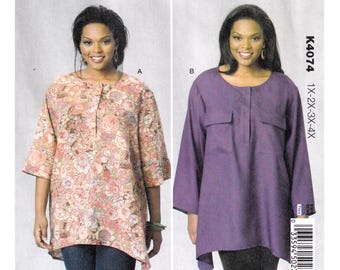 KwikSew 4074 Women Top Sewing Pattern, Round Neckline, 3/4 or Long Sleeve, Shaped Hemline, Patch Pockets Plus Size 1X to 4X, UNCUT