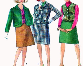 60s Vintage, Women, Suit, Sewing Pattern, Simplicity 6124, Aline Skirt, Fitted Jacket, Button Vest, Button Blazer, Size 12, Bust 32"