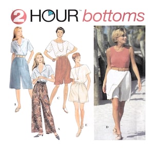 May include: Image of a sewing pattern for women's bottoms. The pattern features illustrations of various styles, including culottes, shorts, and wide-leg pants. The text "2 HOUR bottoms" is displayed at the top of the image.