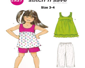 McCall’s M6306 Girls Sewing Pattern Playwear Dress Top Shorts Capri Pants Kids Outfit Easy Size 3-4