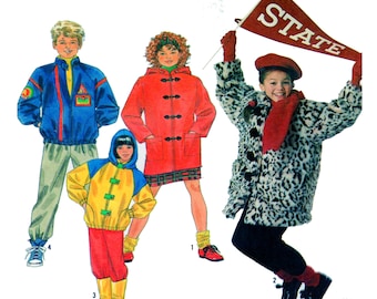 Simplicity 9871, Child Button Front Coat, Zip Jacket, Children Sewing Pattern, Toggle, Hood, Raised Collar, Patch Pocket Size 4-6-8-10-12-14