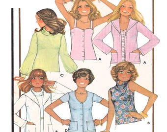 McCalls 5547, dames blouse en vest, naaipatroon, overhemd met knopen, mouwloze top, vest met capuchon, maat 10, jaren 70 mode/stijl