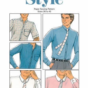 Puede incluir: Un patrón de costura en papel titulado Style para tallas 36 a 42, con ilustraciones de varias camisas abotonadas. Los diseños incluyen una camisa a cuadros, una a rayas, una camisa azul lisa con corbata y camisas con cuellos en contraste.