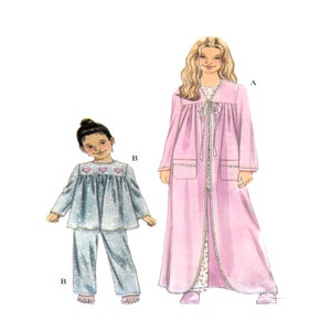 May include: A sewing pattern for a long pink robe with a tie at the waist and a matching pajama set for a child. The pattern is labeled 'A' and 'B'.