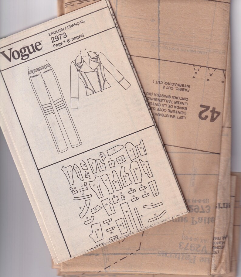 MONTANA, Women Casual Fashion Vogue 2973 Vogue Paris Original Sewing Pattern, Fitted Biker Jacket, Tapered Jean/Pant Pant, Size 6-8-8 UNCUT
