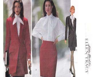 ELLEN TRACY, Women Suit Sewing Pattern, Butterick 3690, Long, Tuxedo Collar Jacket, High Waist, Fitted, Pencil Skirt, Size 12-14-16