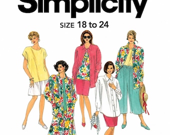 Patrón de costura Simplicity 8249 para falda, top y camisa de tallas grandes para mujer, falda dividida, 1992, talla 18W–24W, busto 102–117 cm (40–46 pulgadas).