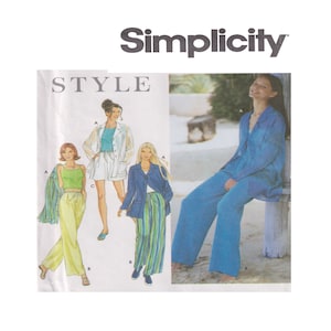 May include: A Simplicity sewing pattern featuring illustrations of women's clothing. The designs include a white jacket and shorts, a green tank top with yellow pants, and a blue jacket with striped pants. The word "STYLE" is printed on the pattern.
