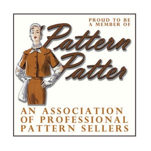May include: A logo for Pattern Patter, an association of professional pattern sellers. The logo features a woman in a brown outfit and the text "Proud to be a member of Pattern Patter, An Association of Professional Pattern Sellers."