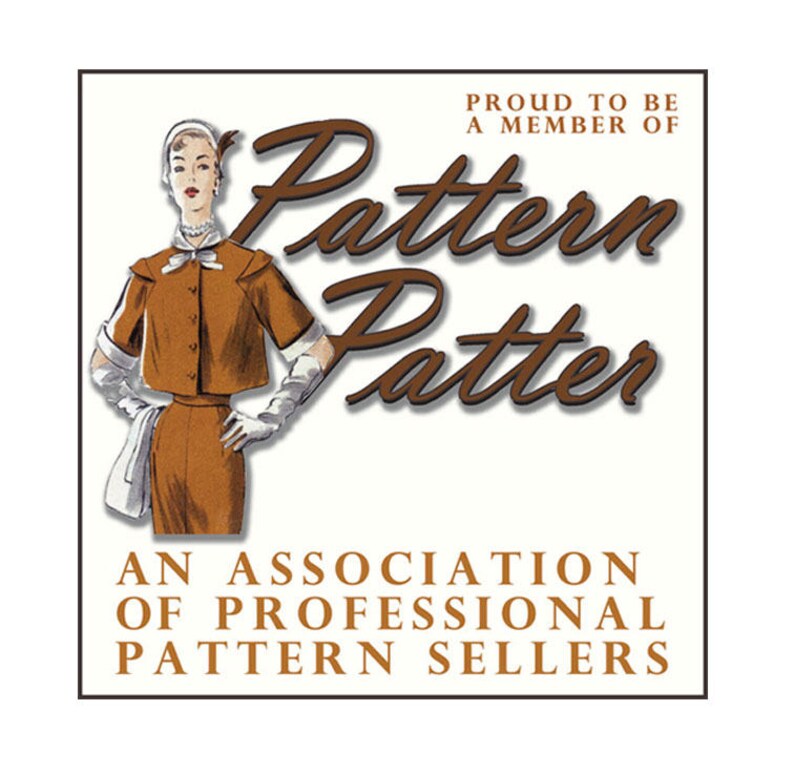 May include: A logo for Pattern Patter, an association of professional pattern sellers. The logo features a woman in a brown outfit and the text "Proud to be a member of Pattern Patter, An Association of Professional Pattern Sellers."
