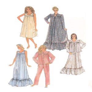 May include: Five different sewing patterns for sleepwear. The patterns include a long nightgown with a ruffled hem, a long nightgown with a ruffled hem and long sleeves, a short nightgown with a ruffled hem, a long nightgown with a ruffled hem and a contrasting trim, and a pajama set with a long-sleeved top and pants.