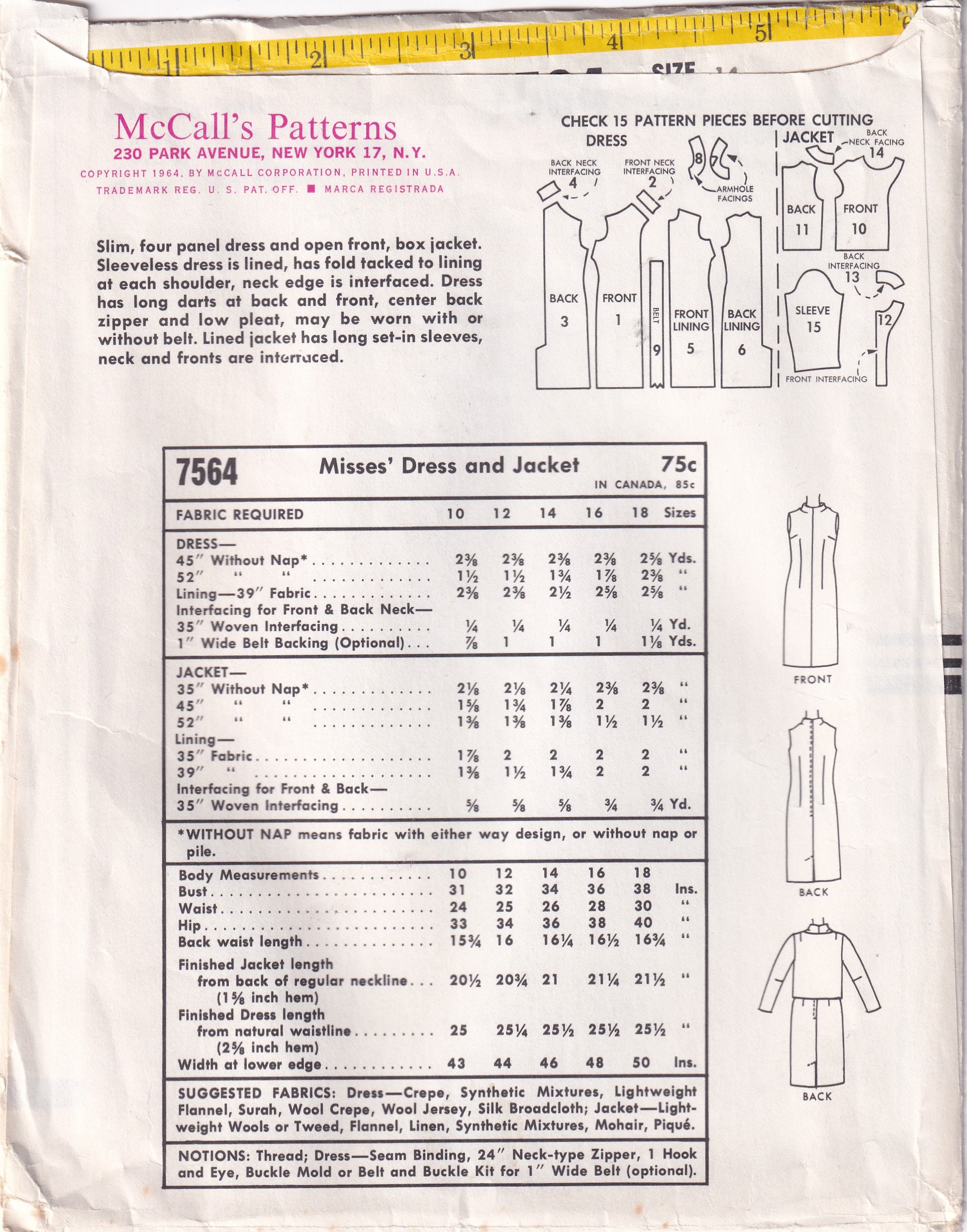 Mccalls 7564, 60s Vintage Dress Set Sewing Pattern, Sleeveless Dress ...