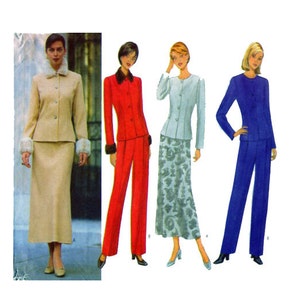 May include: Three women's suits in different colors: beige, red, and blue. Each suit includes a jacket and skirt or pants. The beige suit has fur trim on the cuffs and collar.