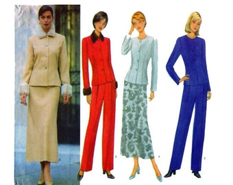 Butterick 5692, Womens Suit, Sewing Pattern, Semi-Fitted, Collarless, Jacket, Fur Collar, Fur Cuffs, Maxi Skirt, Pants, Size 6 8 10, UnCut