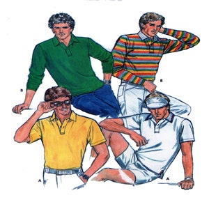 May include: Three men wearing different styles of polo shirts. The man on the left is wearing a green long-sleeved polo shirt, the man in the middle is wearing a yellow short-sleeved polo shirt, and the man on the right is wearing a white short-sleeved polo shirt.