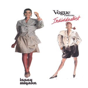 May include: Two fashion illustrations for Vogue Patterns Individualist. The first illustration shows a woman wearing a striped jacket and a skirt. The second illustration shows a woman wearing a white jacket and black shorts. Both illustrations are in black and white.