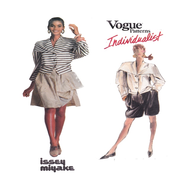 ISSEY MIYAKE Vogue 2056 Individualist Button Loose Fit Jacket, Wide Sleeve Blouse, Full Skirt or Shorts Women Sewing Pattern Size 10, UNCUT