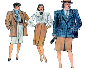 VOGUE 8774, 80s Vintage, Women Suit Sewing Pattern, Button Front Blazer, Trenchcoat, Pencil Skirt, Long Sleeve Blouse, Size 8-10-12 UNCUT