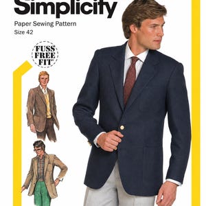 May include: A Simplicity paper sewing pattern for a blazer, size 42, featuring a Fuss Free Fit logo. The cover displays a photograph of a navy blue blazer with a single gold button, a white shirt, and a patterned tie, alongside two fashion illustrations.