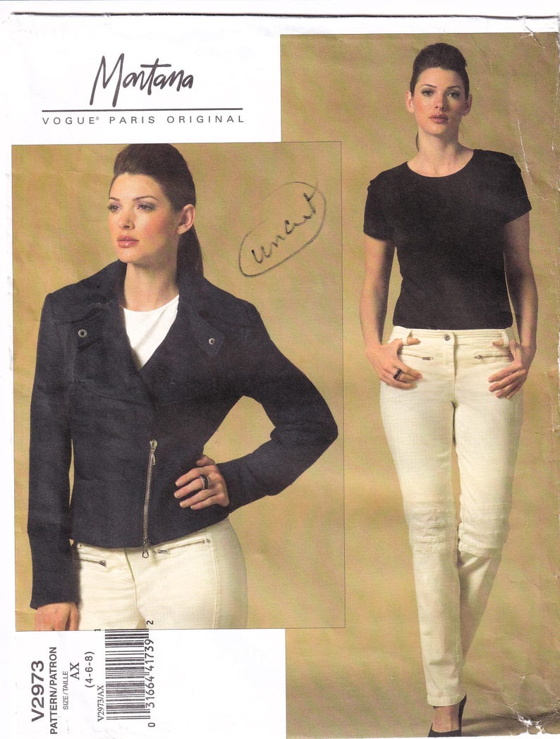 MONTANA, Women Casual Fashion Vogue 2973 Vogue Paris Original Sewing Pattern, Fitted Biker Jacket, Tapered Jean/Pant Pant, Size 6-8-8 UNCUT