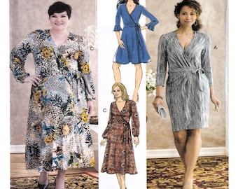 Butterick 6703, Women Day Dress Sewing Pattern, Wrap Front, Aline or Flare Skirt, V Neckline, Sleeve Options, Plus Size 18-20-22-24