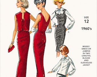 Patrón de costura para vestido y jersey de mujer con opciones de blusa y chaqueta sin mangas, perfecto para crear estilos elegantes y ajustados en talla 12.