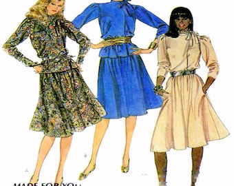 McCalls 7692, Women Dress, Sewing Pattern, Flare Skirt, Asymmetrical Front, Blouse, Long Sleeve, Bow Tie, Neckline, Size 8, 80s Vintage