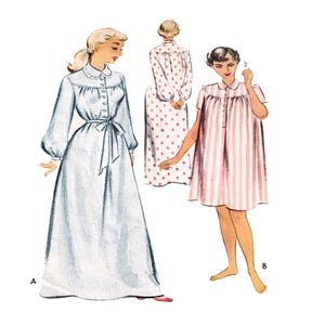 May include: A vintage illustration of three nightgowns. The first nightgown is white with long sleeves and a button-up front. The second nightgown is white with red polka dots and long sleeves. The third nightgown is pink with white stripes and short sleeves. The illustration is labeled "A" and "B".