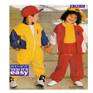 May include: A vintage sewing pattern for children's clothing. The pattern includes instructions for making a red and white tracksuit with a yellow shirt and a yellow and blue tracksuit with a white shirt. The pattern also includes instructions for making a red baseball cap and a red baseball cap with a yellow brim.