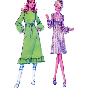 May include: Two illustrations of women wearing long-sleeved dresses with puffed sleeves. The dress on the left is green with a ruffled hem and a tie at the waist. The dress on the right is a purple and white plaid pattern.
