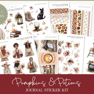 May include: A collection of journal sticker kits featuring watercolor illustrations. The designs include pumpkins, witches, autumn leaves, and cozy scenes. The kits are labeled "Pumpkins & Potions" and include the text "100+ Stickers".