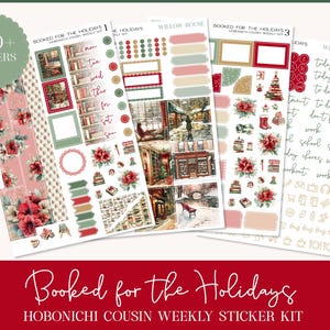May include: A sticker kit titled "Booked for the Holidays" with over 150 stickers. The kit includes stickers with floral designs, frames, and text like "today" and "work". The color palette features red, green, and pink.