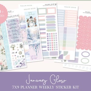 May include: A planner sticker kit with a winter theme. The kit includes stickers with floral designs, winter scenes, and calendar elements. The color palette features soft blues, purples, and pinks. The text "January Glow" and "7x9 Planner Weekly Sticker Kit" are visible.