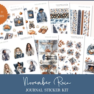 May include: A collection of journal sticker kits with watercolor illustrations. The kits feature images of fall-themed items like pumpkins, coats, and cozy scenes. The text "November Rain Journal Sticker Kit" is displayed at the bottom, with a sticker count of "100+ stickers".