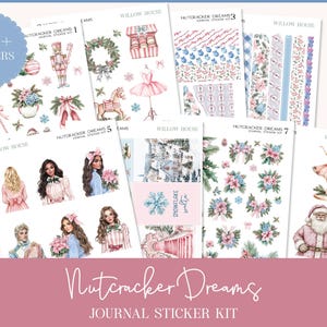 May include: A collection of journal sticker kits featuring a Nutcracker theme. The kits include stickers with illustrations of ballerinas, Santa Claus, nutcrackers, and floral arrangements. The color palette includes pink, blue, and white.