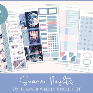 May include: A collection of planner stickers with a summer nights theme. The stickers feature floral designs, watercolor illustrations, and calendar elements. The color palette includes shades of blue, pink, and white. The kit includes over 250 stickers.