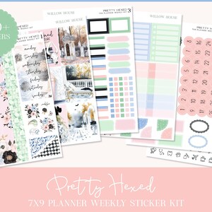 May include: A collection of planner stickers with floral and watercolor designs in pink, blue, and green. The set includes stickers for weekly planning, with labels for days of the week and numbers. The text "Pretty Hexed" and "7x9 Planner Weekly Sticker Kit" are visible.
